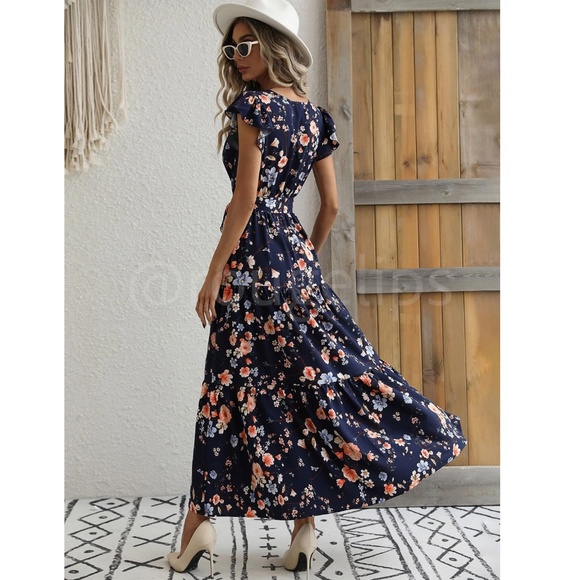 Floral Dress Surplice Overlapping V Neck Fit & Flare Maxi Long Blue Tie Belt - Picture 3 of 6